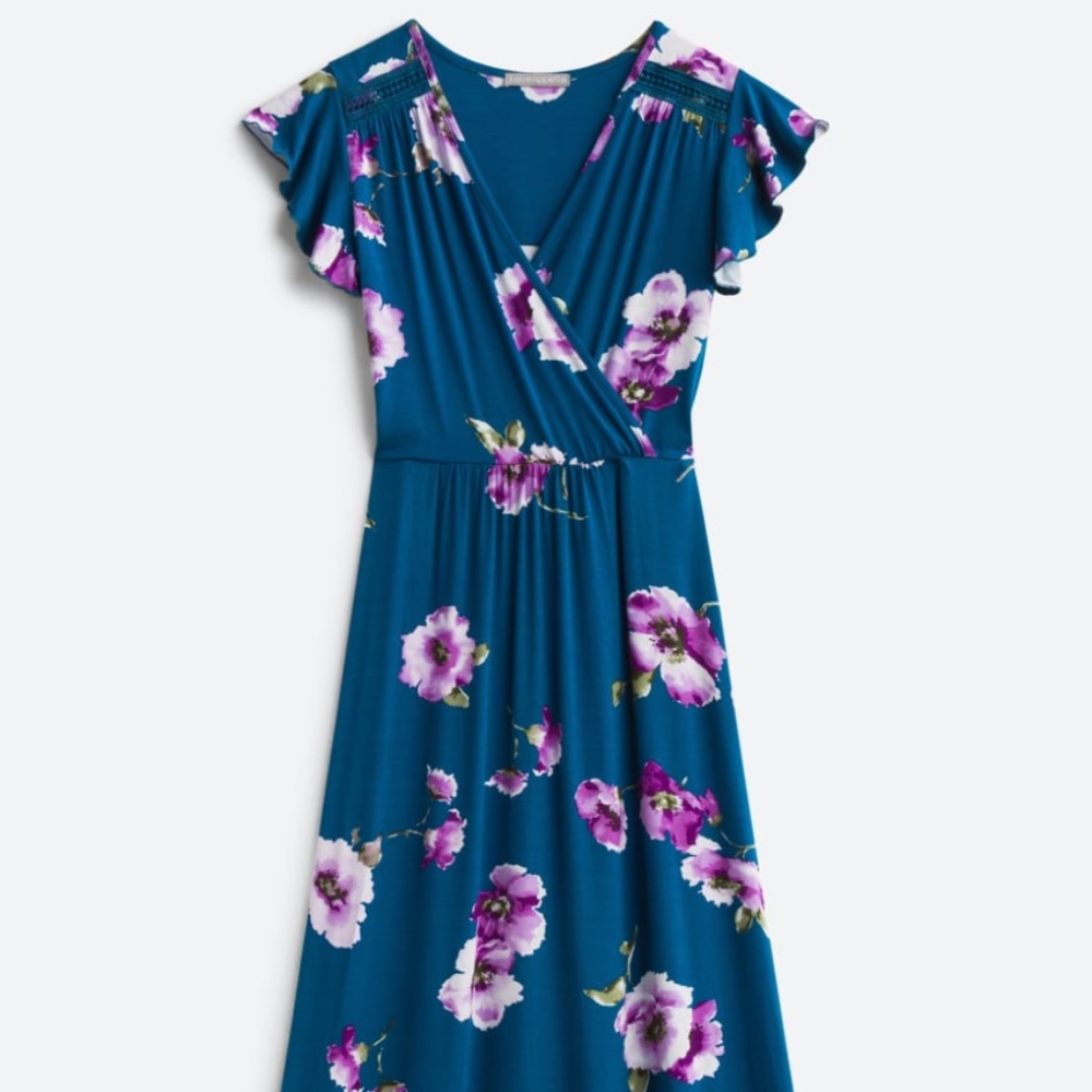 Loveappella Floral Knit Flutter Cap Sleeve Faux Wrap Maxi Dress NWT